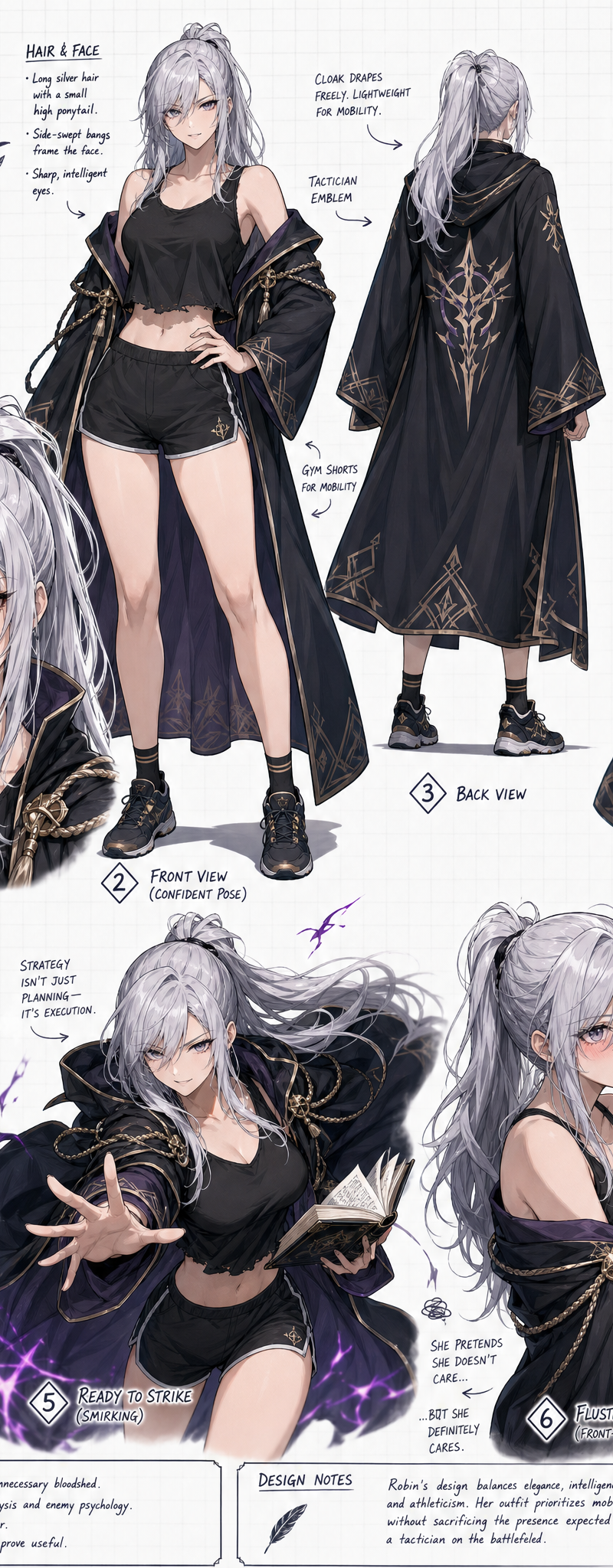 Create a wide, horizontal character reference sheet featuring female robin from