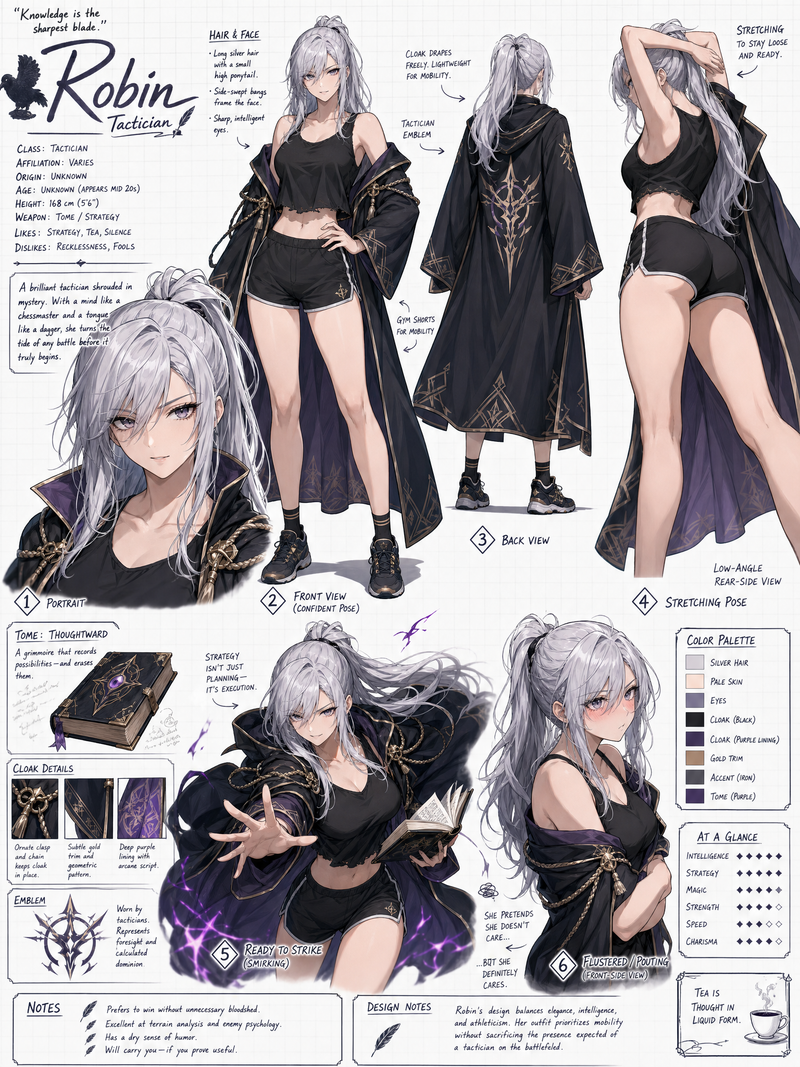 Create a wide, horizontal character reference sheet featuring female robin from