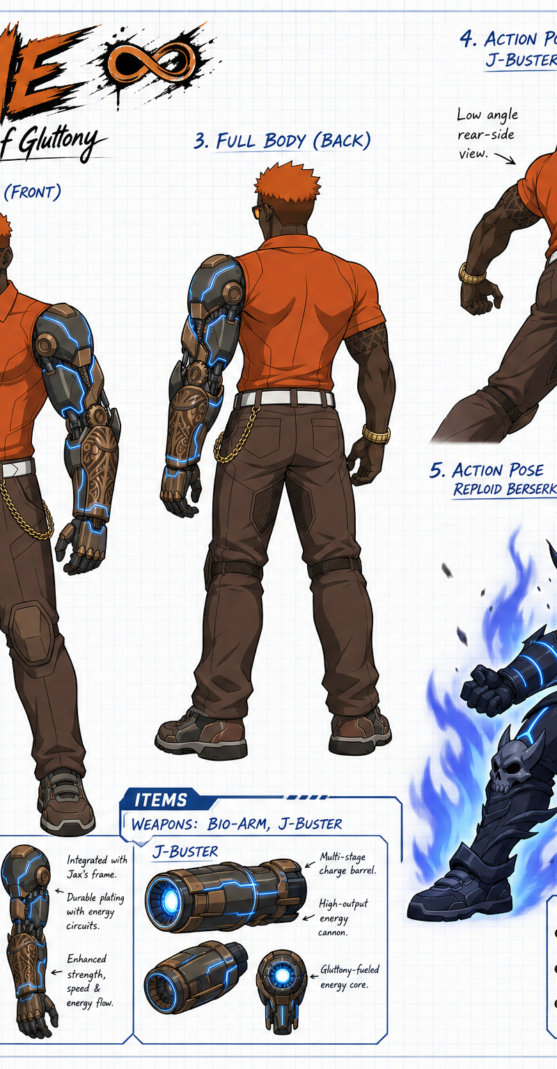 Create a wide, horizontal character reference sheet featuring Jax (see reference
