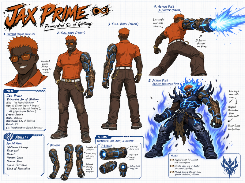 Create a wide, horizontal character reference sheet featuring Jax (see reference