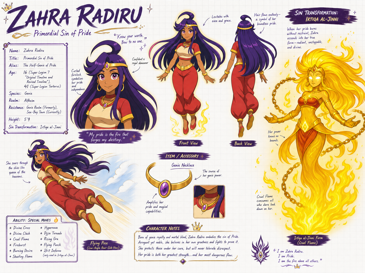 Create a wide, horizontal character reference sheet featuring Zahra (see referen