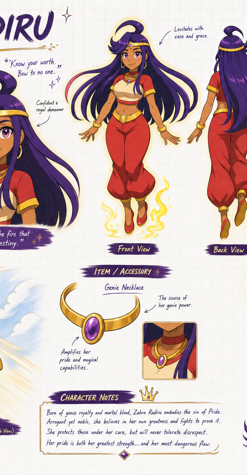 Create a wide, horizontal character reference sheet featuring Zahra (see referen