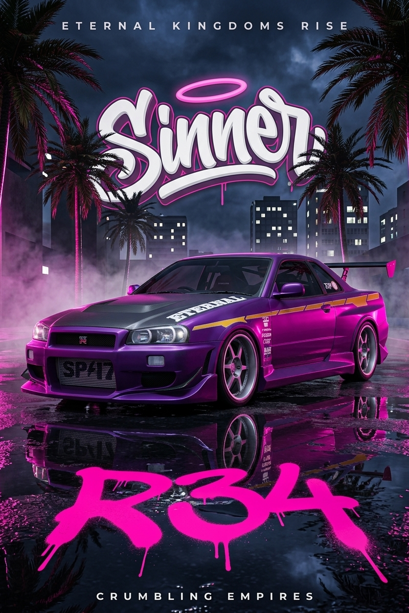 { "subject": { "description": "Nissan Skyline GTR R34 sports car, retro-futurist