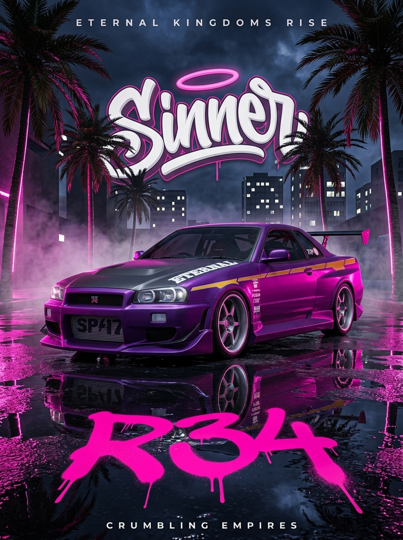 { "subject": { "description": "Nissan Skyline GTR R34 sports car, retro-futurist