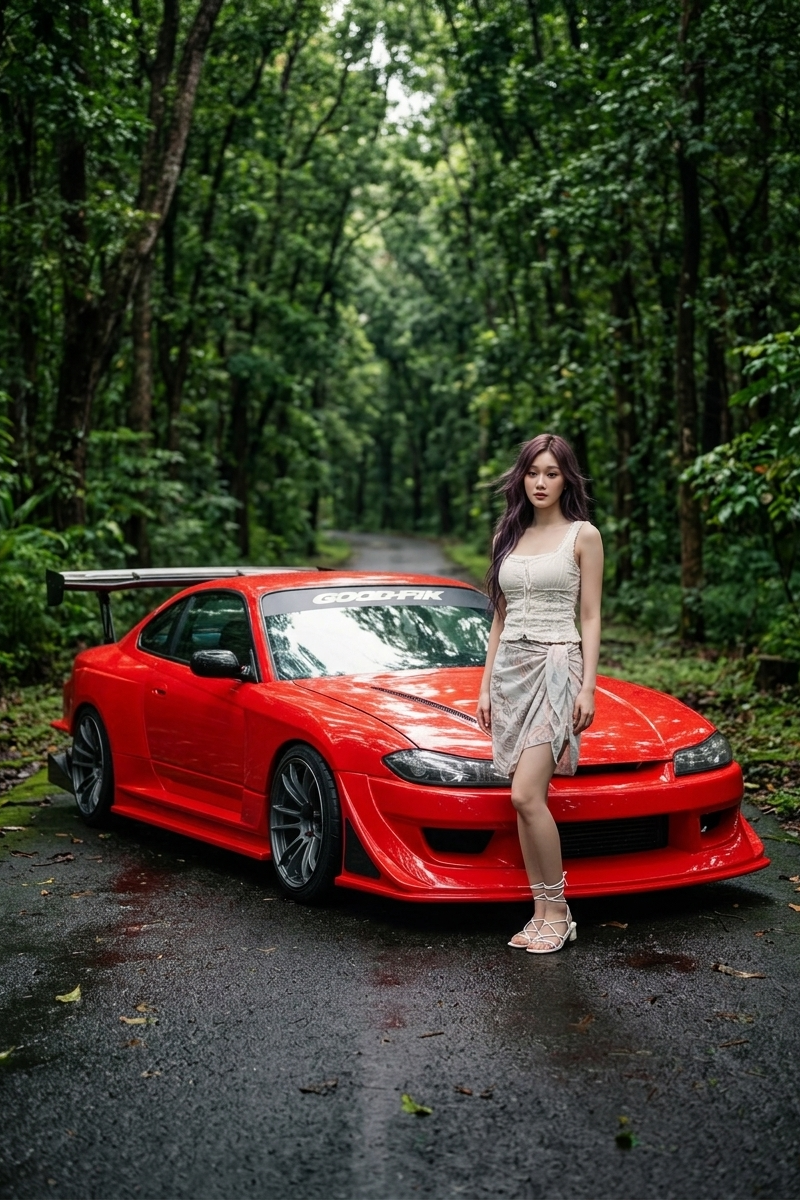 A cinematic, ultra-realistic photo of a young Asian woman standing beside a Niss