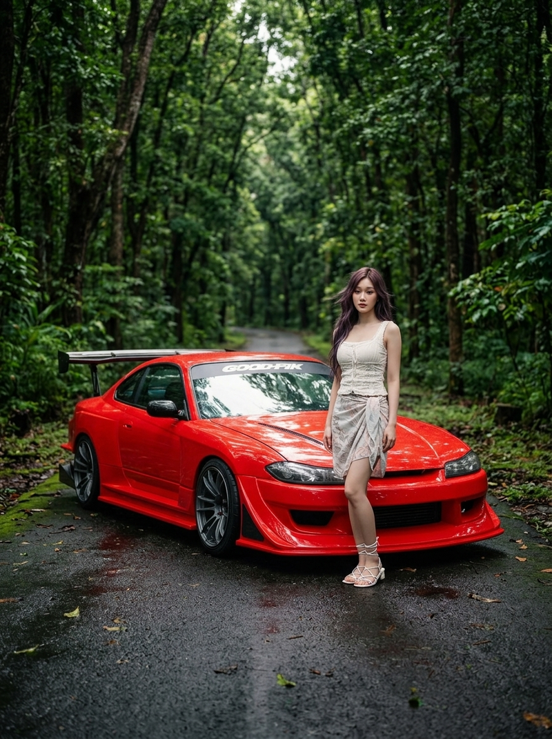 A cinematic, ultra-realistic photo of a young Asian woman standing beside a Niss