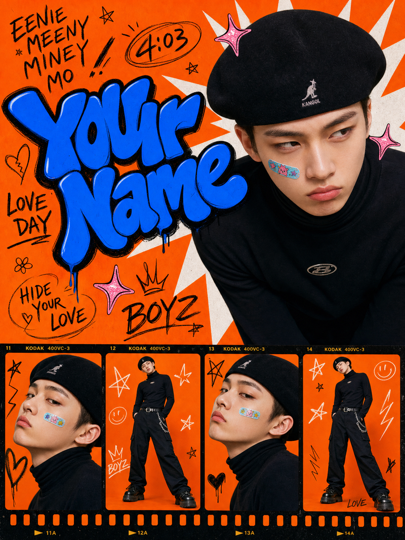 Create a bold Y2K pop-street editorial collage featuring a young person as the c