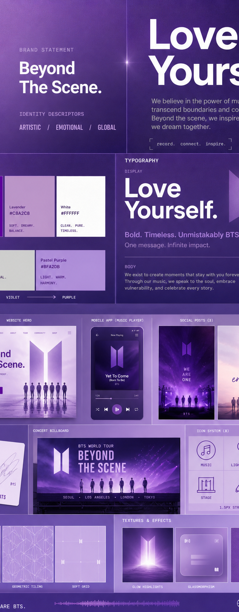 Using the BTS logo, generate a premium brand identity system poster