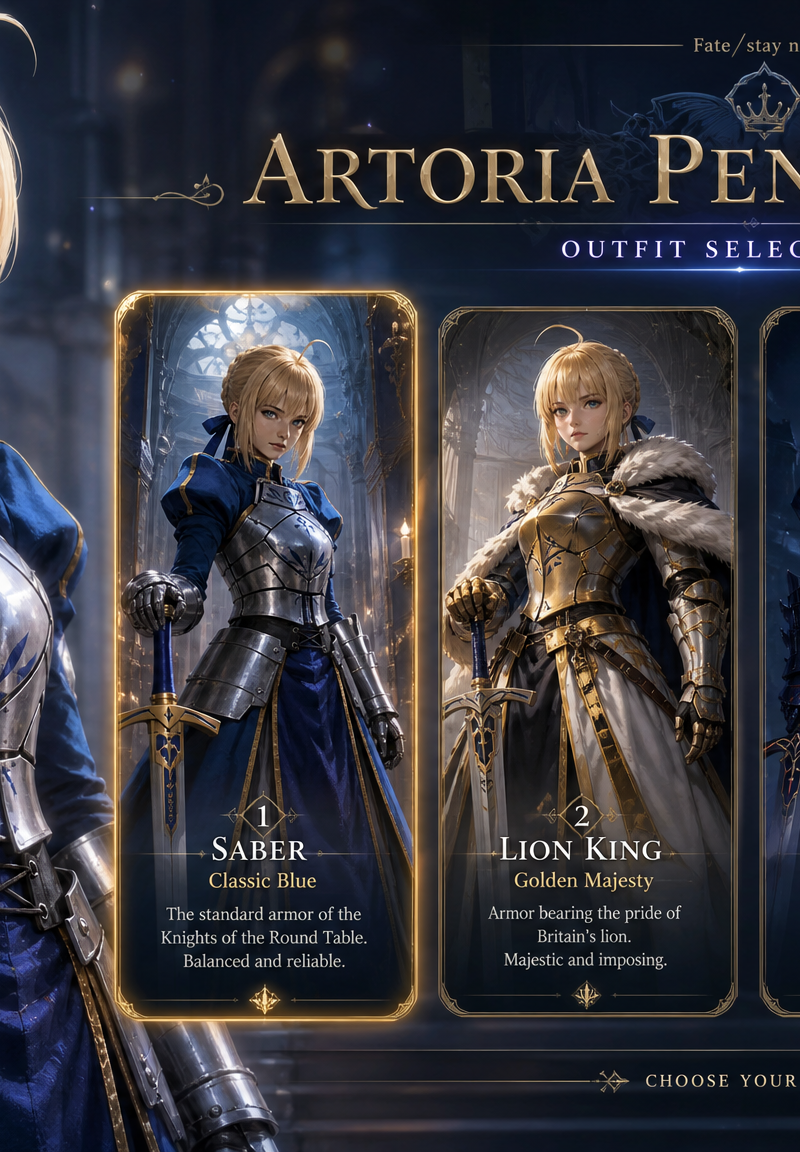 Create a AAA-quality Unreal Engine 5 outfit selection screen for 【Artoria Pendra