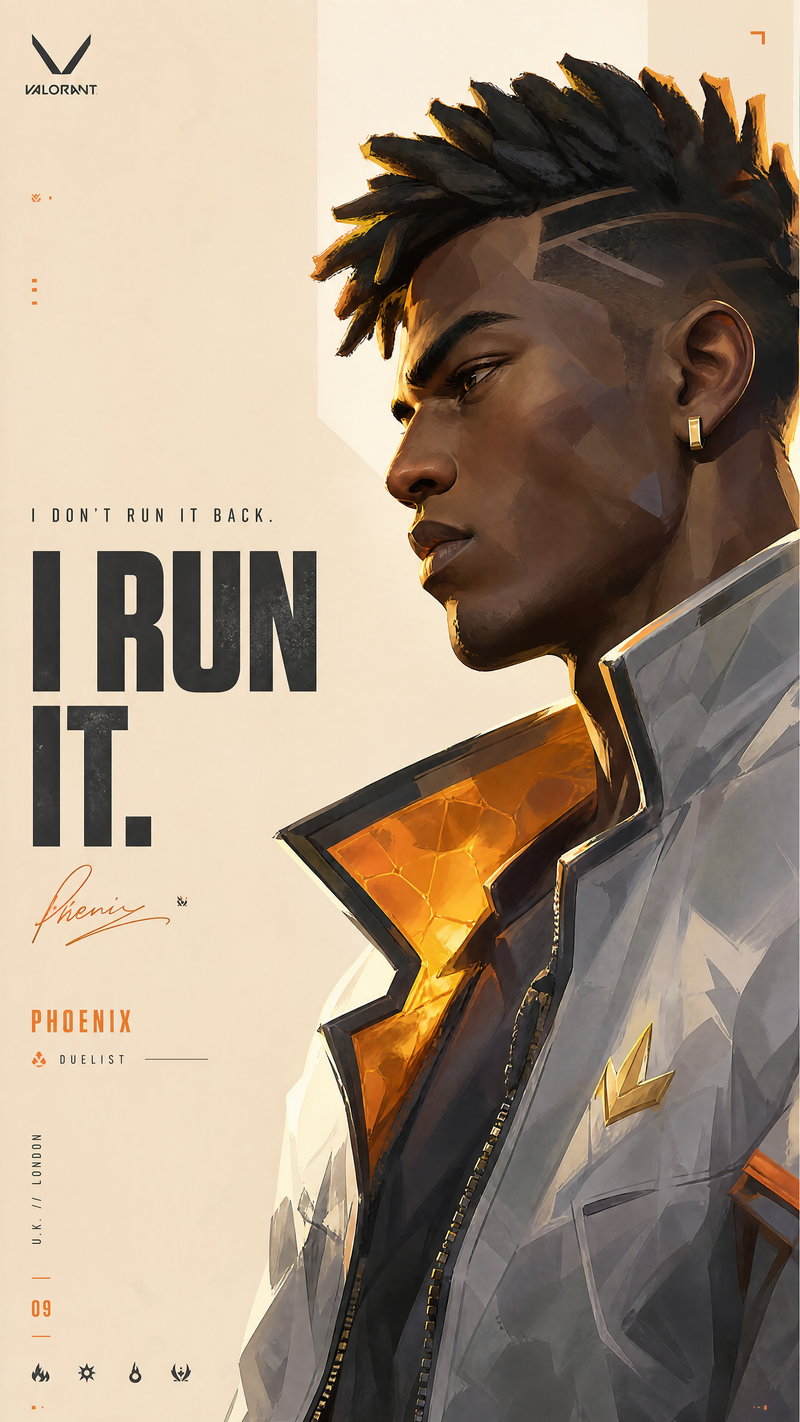 Phoenix from VALORANT, rendered in an American-style thick paint illustration