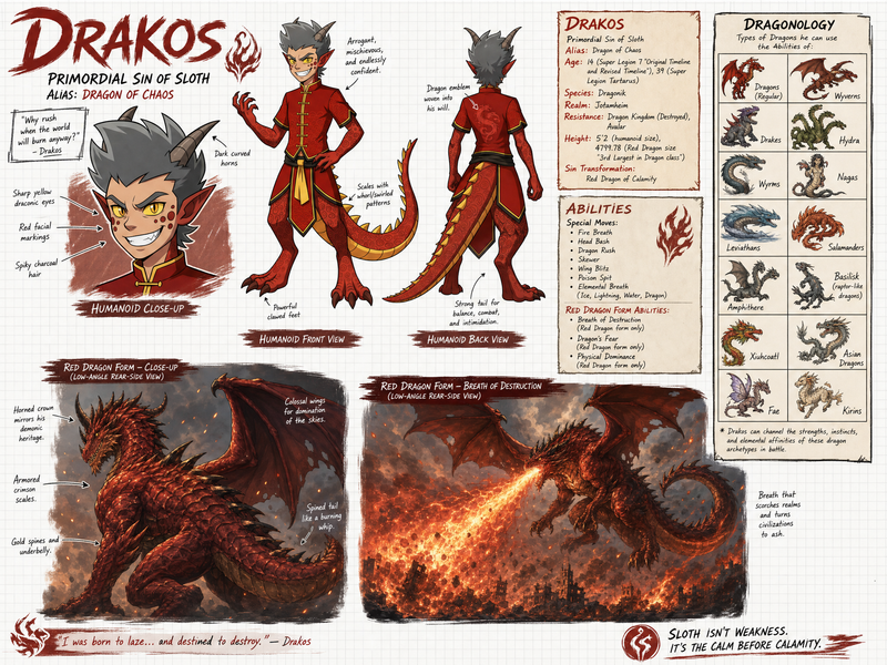 Create a wide, horizontal character reference sheet featuring Drakos (see refere