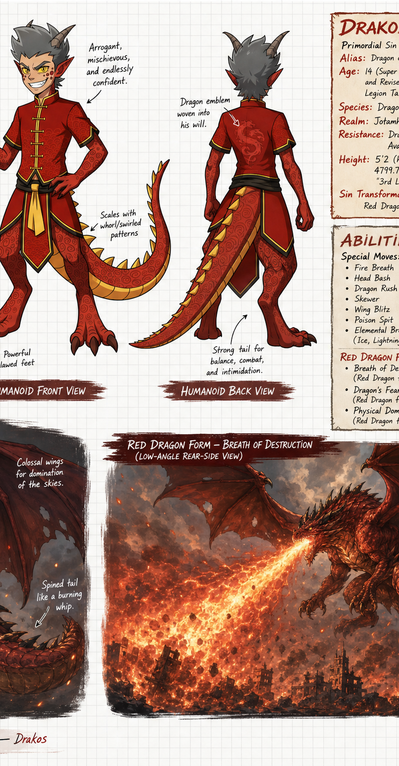 Create a wide, horizontal character reference sheet featuring Drakos (see refere