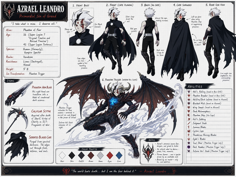 Create a wide, horizontal character reference sheet featuring Azrael (see refere