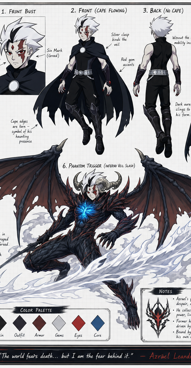 Create a wide, horizontal character reference sheet featuring Azrael (see refere