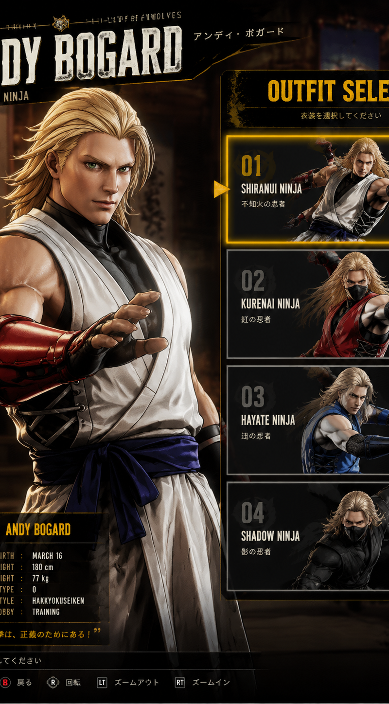 Create a AAA-quality Unreal Engine 5 outfit selection screen for 【Andy Bogard fr