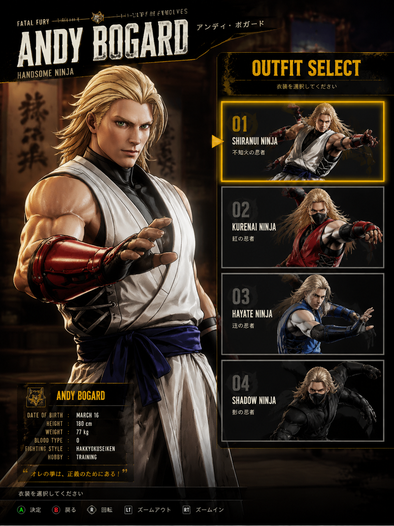 Create a AAA-quality Unreal Engine 5 outfit selection screen for 【Andy Bogard fr