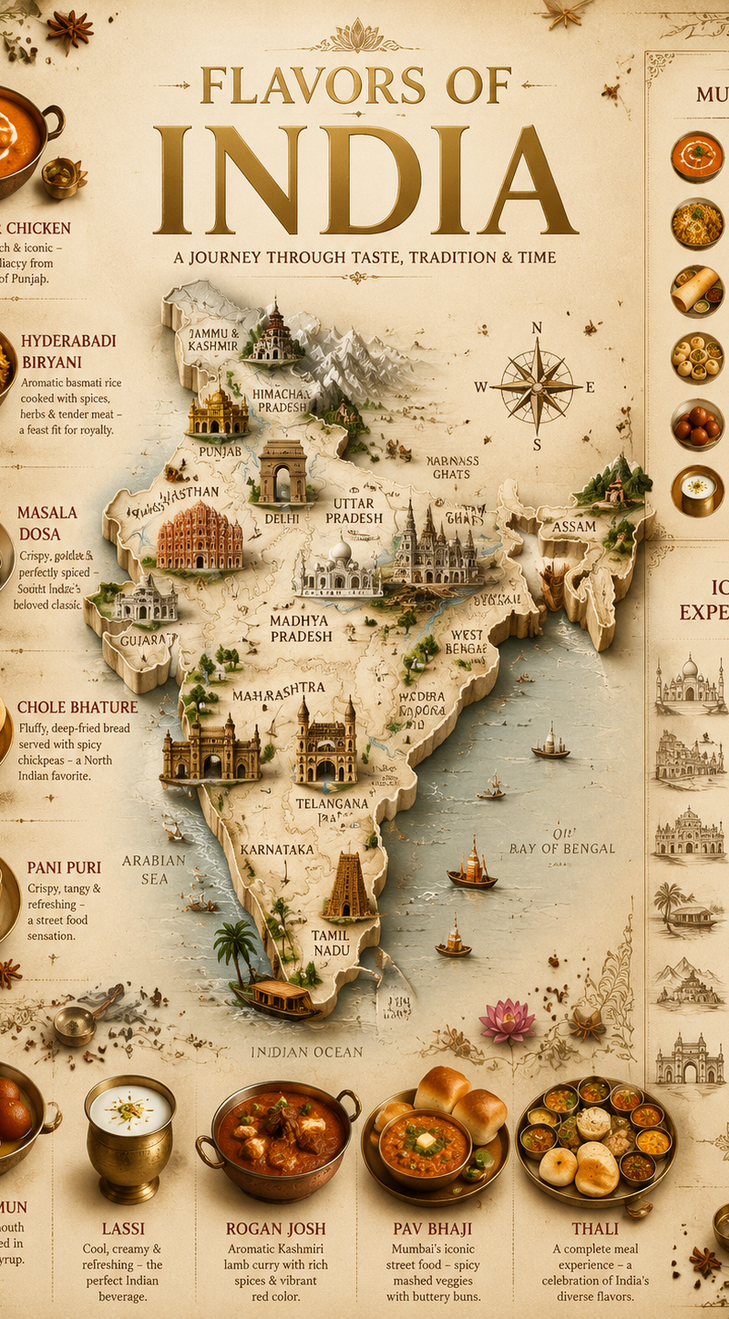 Ultra-detailed infographic travel poster titled “FLAVORS OF INDIA”, elegant luxu