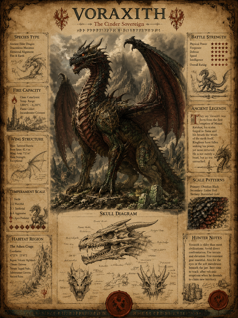 Create a highly detailed A4 vertical vintage fantasy encyclopedia style dragon s