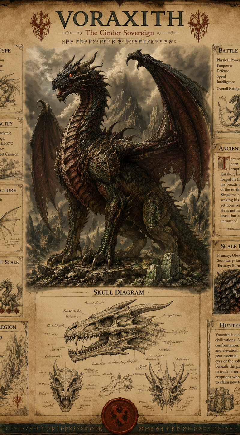 Create a highly detailed A4 vertical vintage fantasy encyclopedia style dragon s