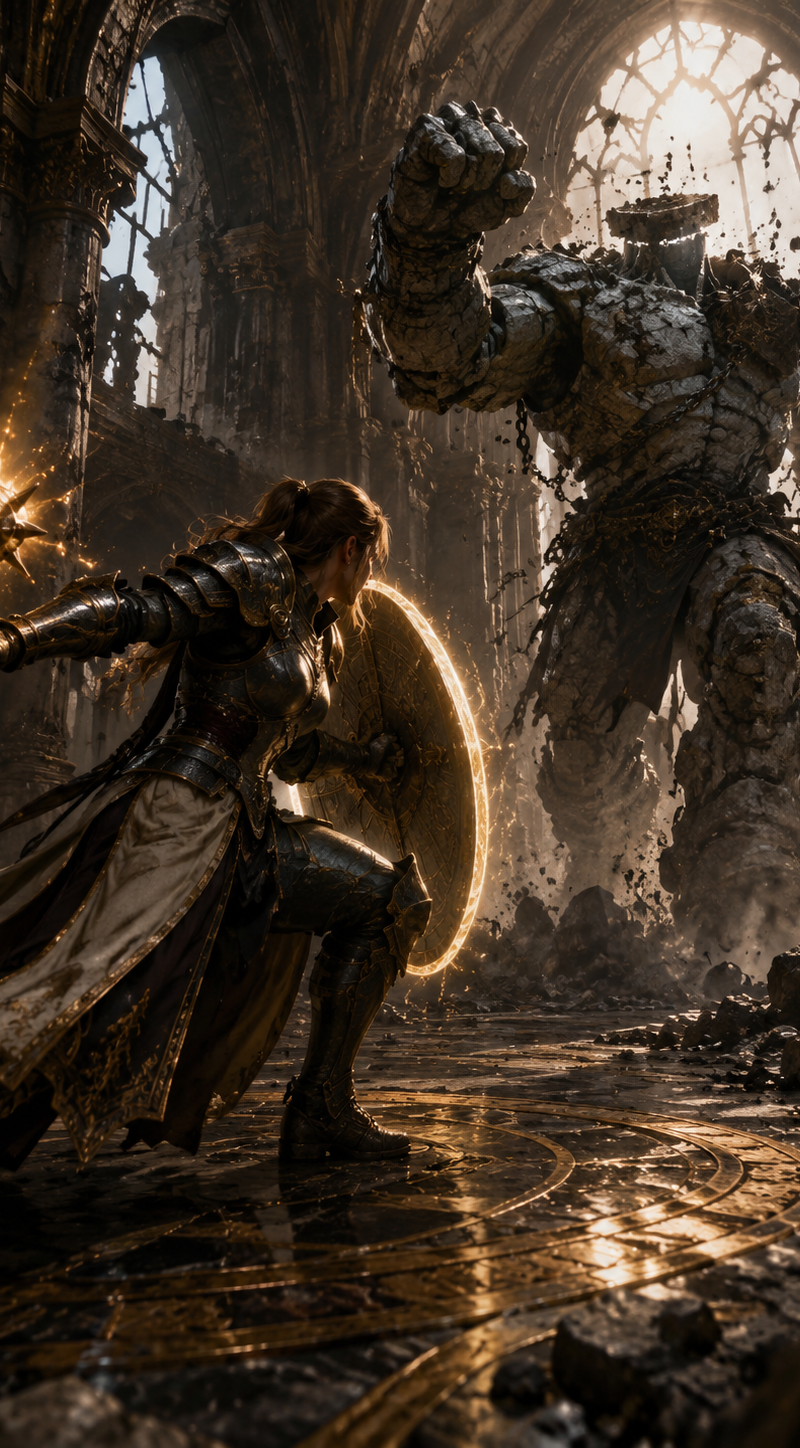 Create a cinematic dark fantasy action scene in a ruined cathedral hall: a {argu