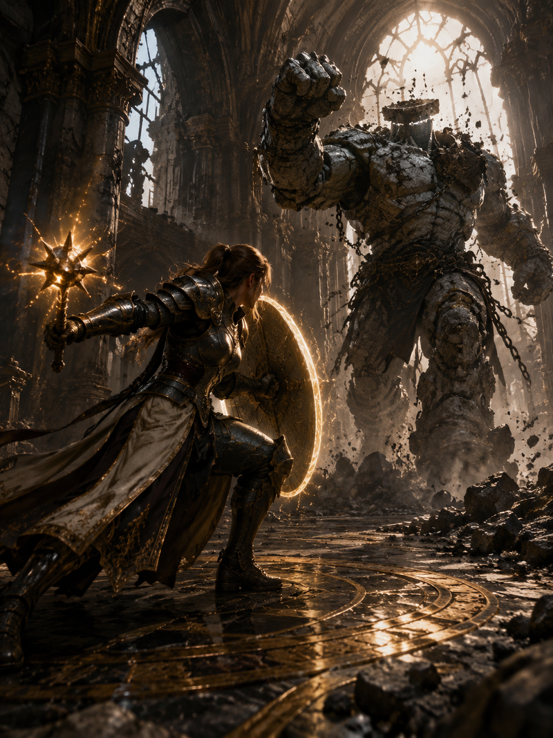 Create a cinematic dark fantasy action scene in a ruined cathedral hall: a {argu