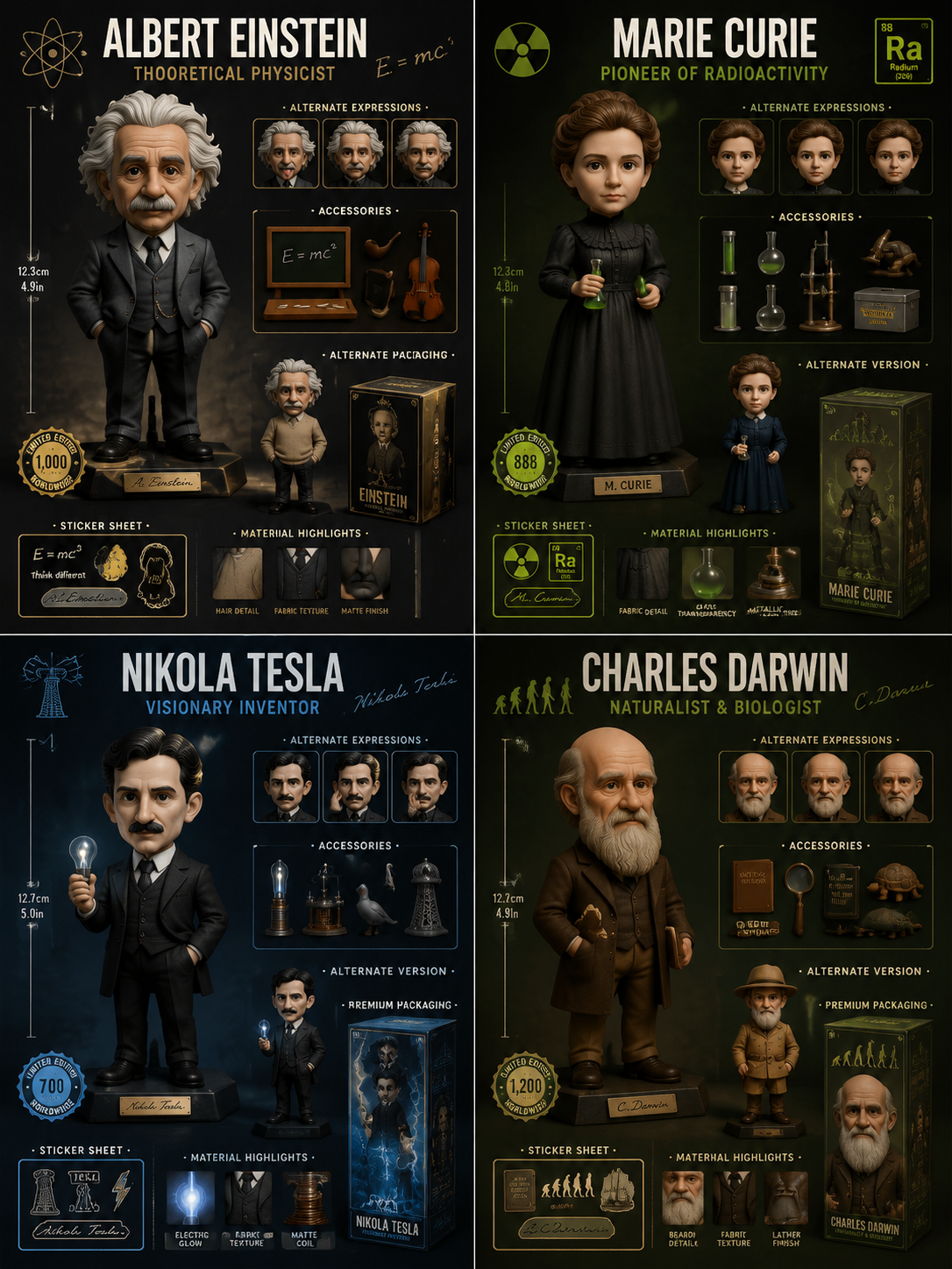 2x2 grid, do this for 4 famous scientists in history: Design a collector-grade l