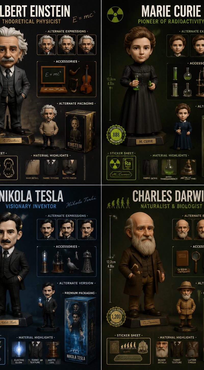 2x2 grid, do this for 4 famous scientists in history: Design a collector-grade l