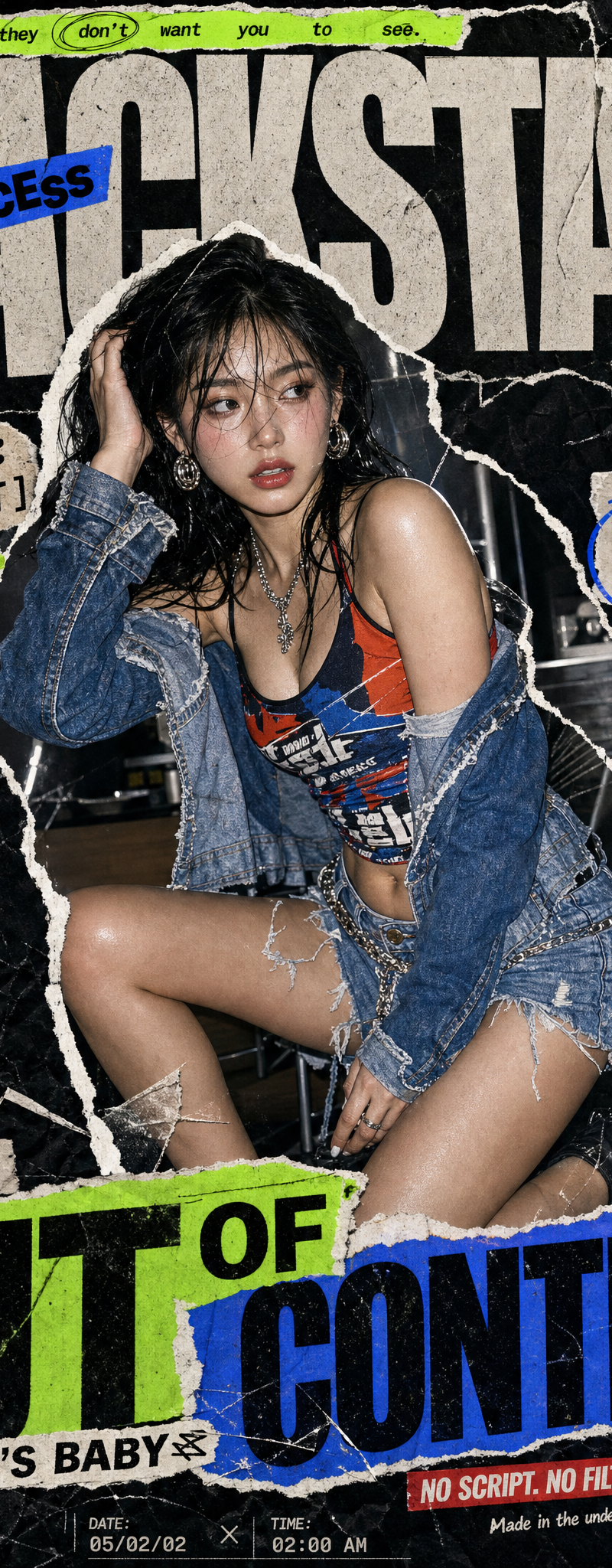 Create a bold Y2K-inspired ripped paper collage poster with an edgy underground 