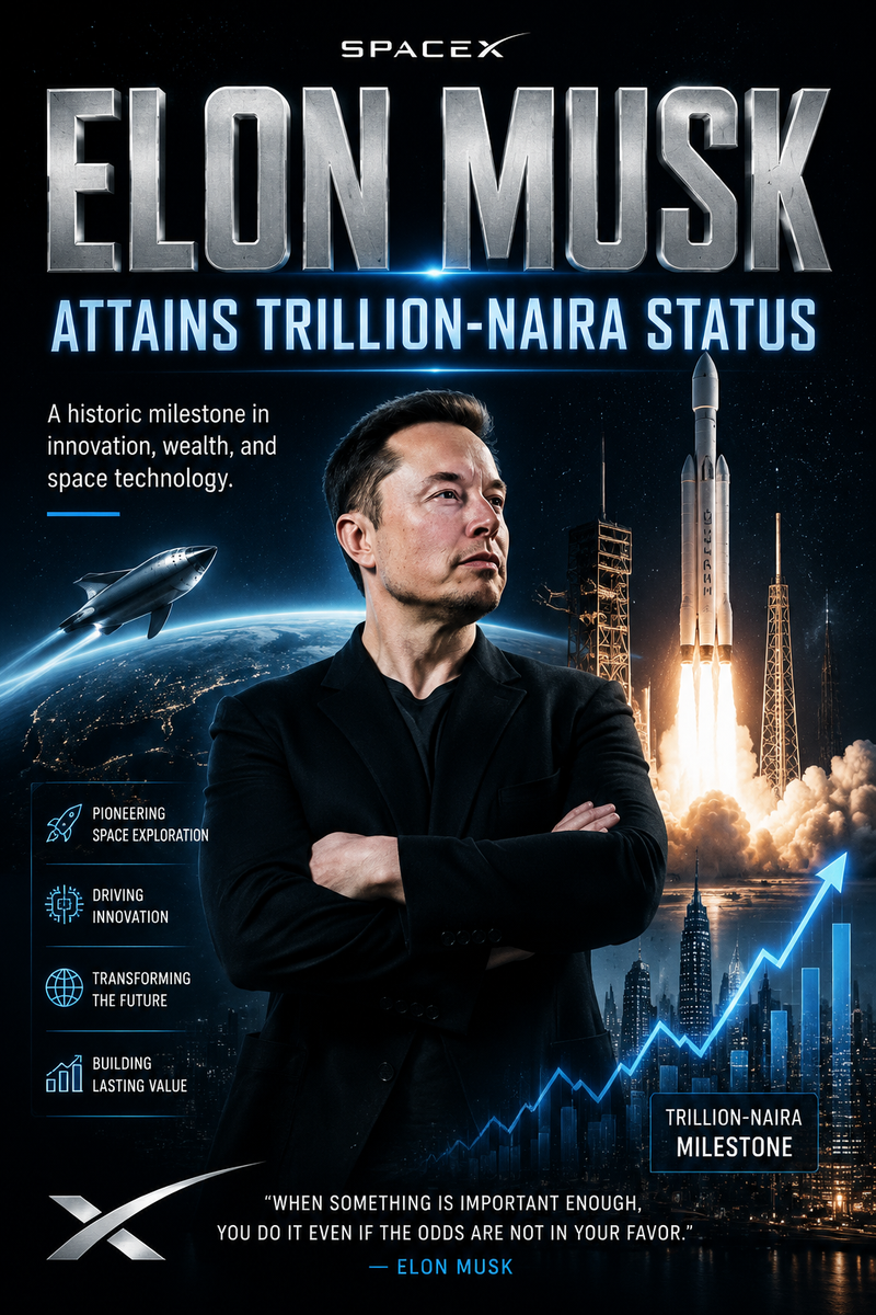Create a bold, cinematic SpaceX achievement poster featuring Elon Musk as the ma