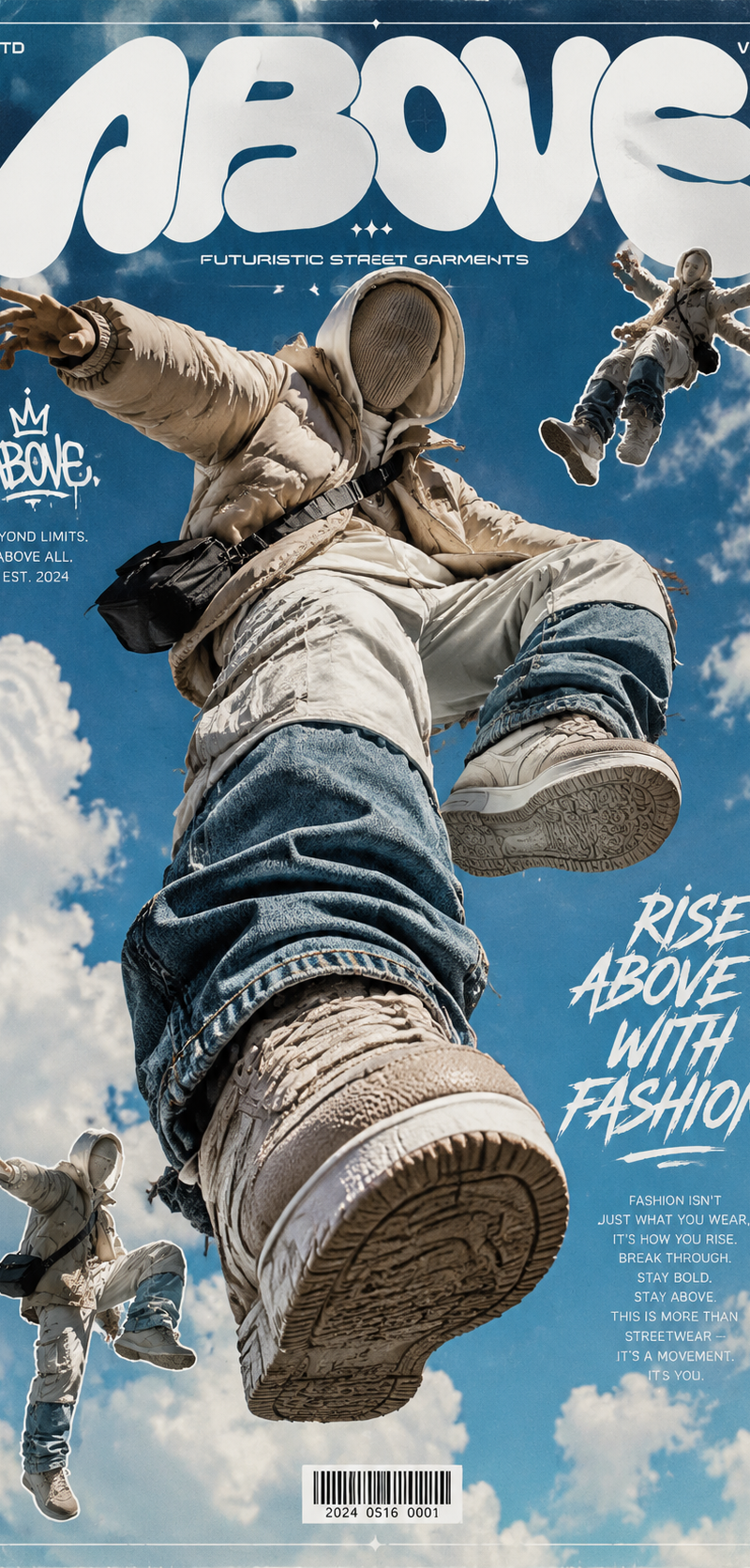 A high-end futuristic streetwear fashion poster featuring a faceless avant-garde
