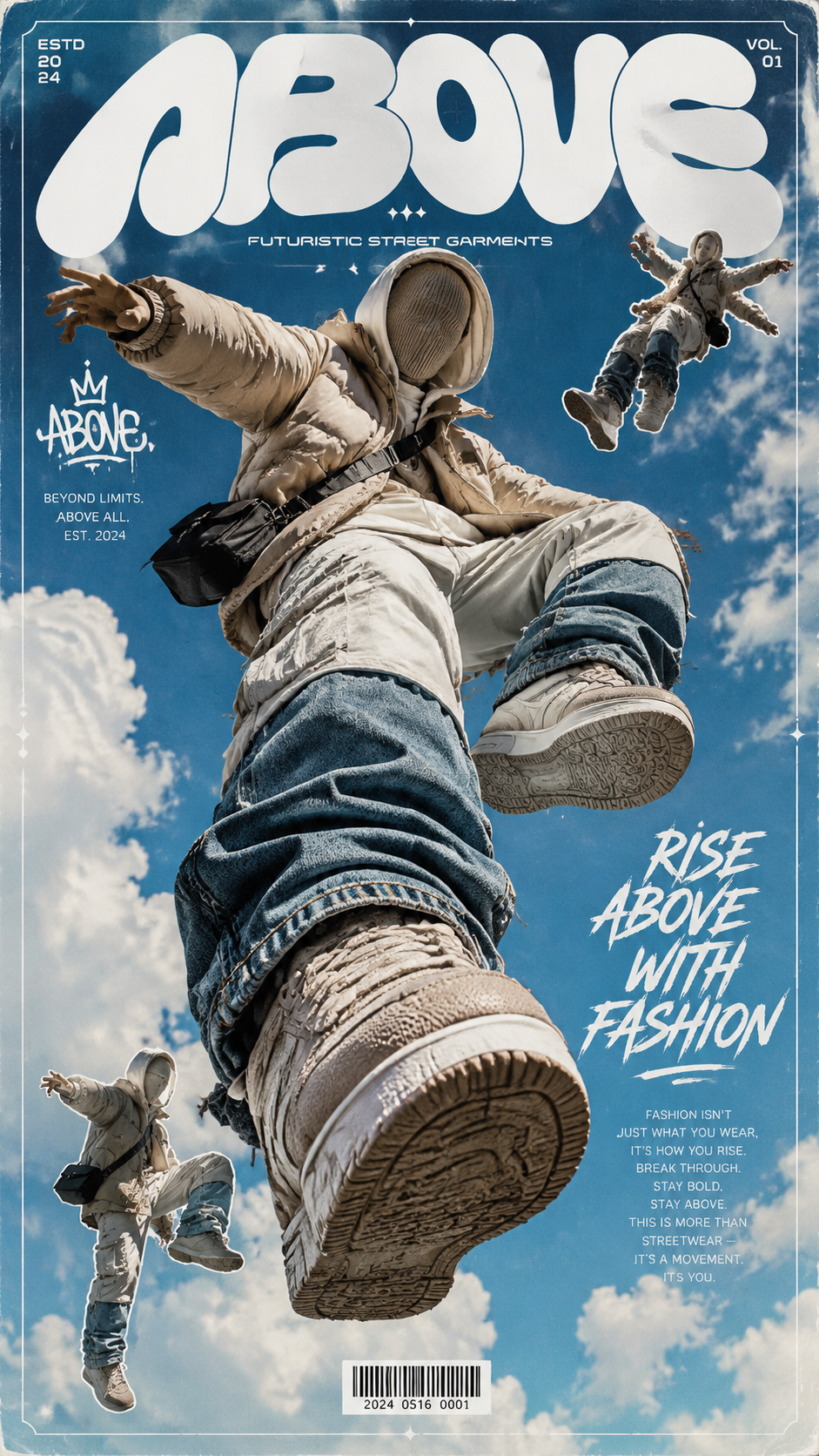 A high-end futuristic streetwear fashion poster featuring a faceless avant-garde