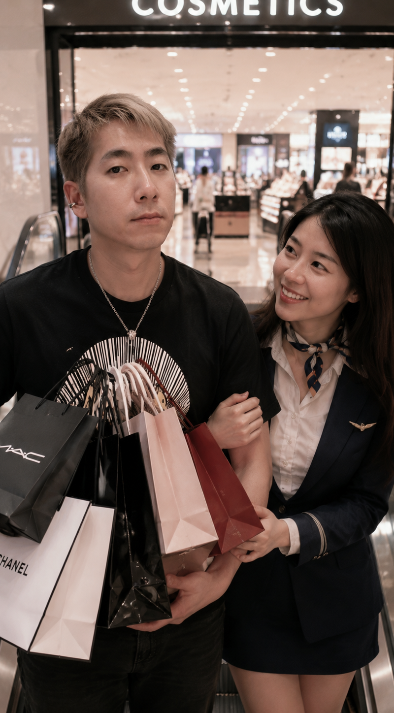 Create an image of two people standing on an escalator heading out of a cosmetic