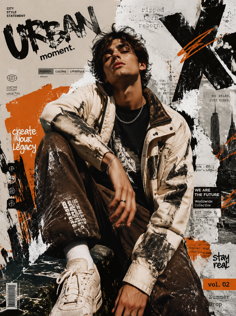 Create a high-resolution 8K portrait poster in an Urban Fashion Editorial Collag