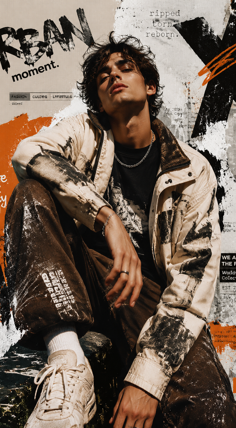 Create a high-resolution 8K portrait poster in an Urban Fashion Editorial Collag