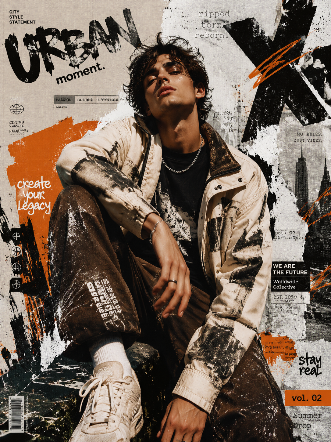 Create a high-resolution 8K portrait poster in an Urban Fashion Editorial Collag