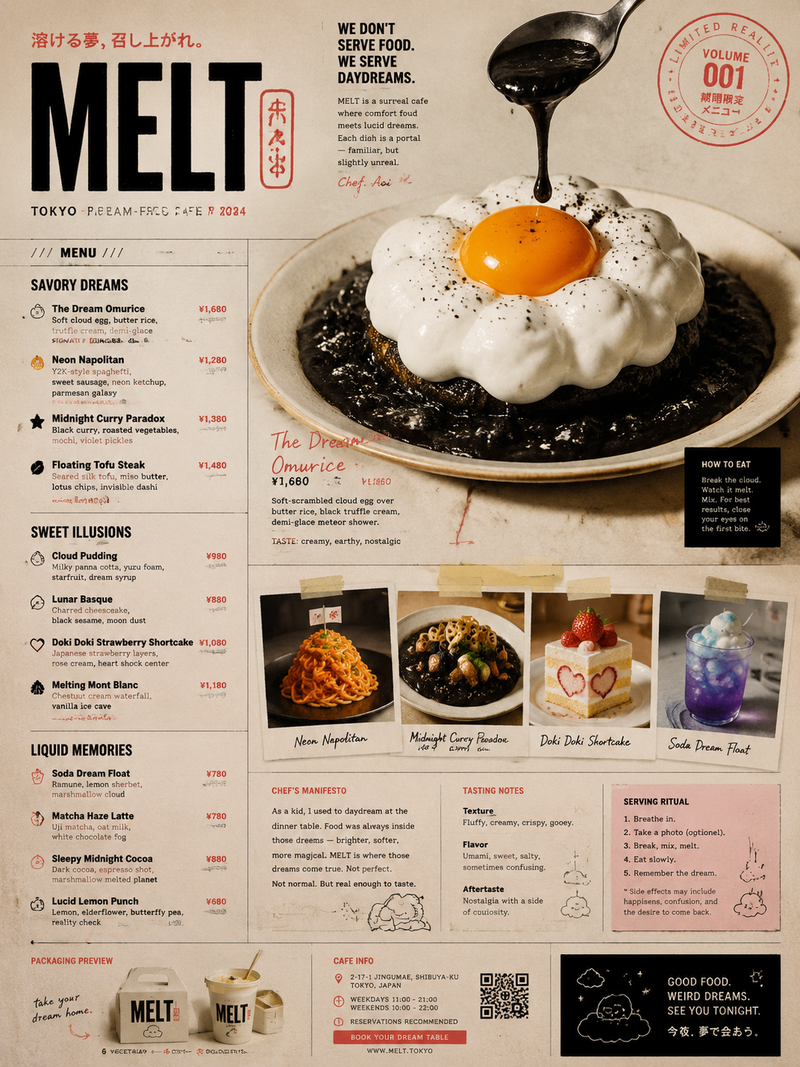 Create a premium, highly believable Surreal Menu / Food Concept Board for an ima