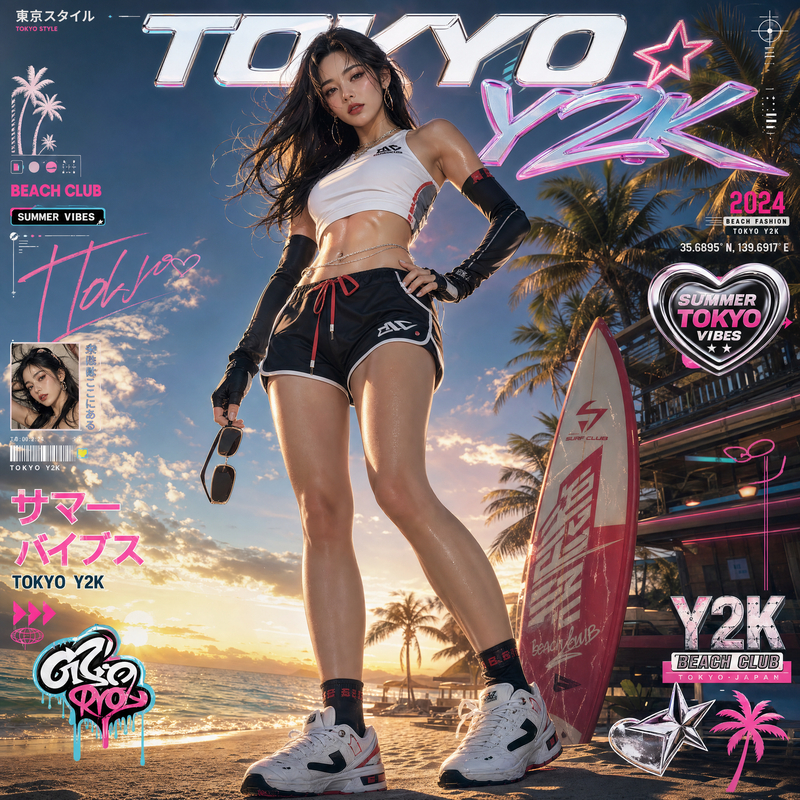 Create a vertical 9:16 premium Tokyo Y2K beach campaign poster featuring Tifa Lo