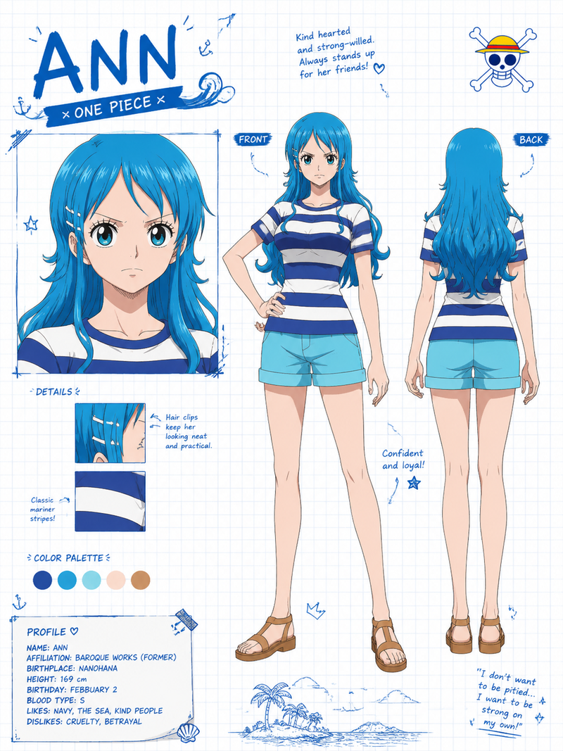 Create a wide, horizontal character reference sheet featuring Ann from one piece