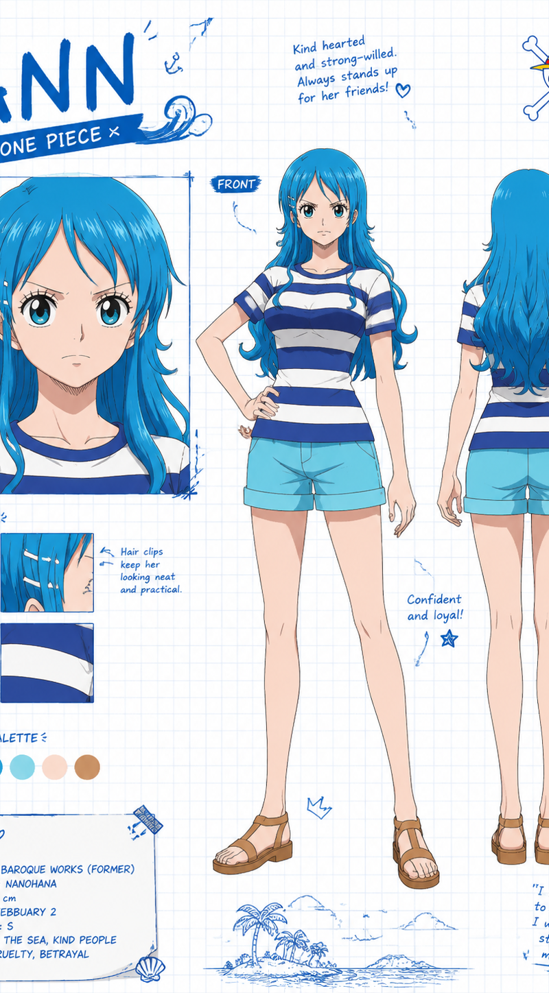 Create a wide, horizontal character reference sheet featuring Ann from one piece