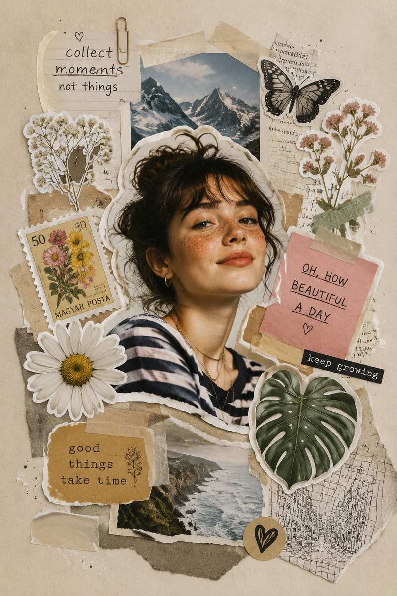 A central subject surrounded by sticker elements that feel cut-out and layered l