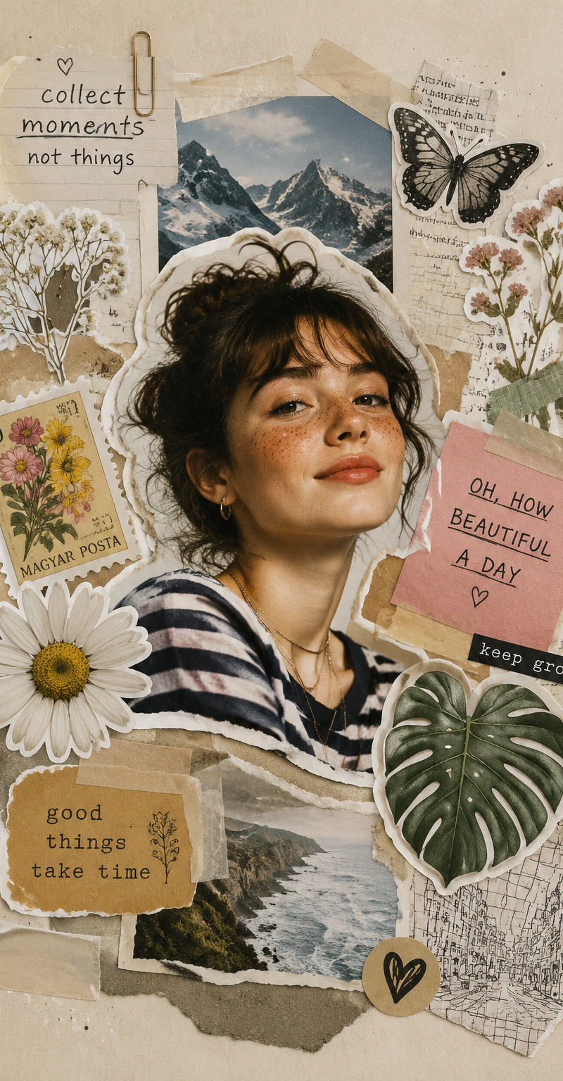 A central subject surrounded by sticker elements that feel cut-out and layered l