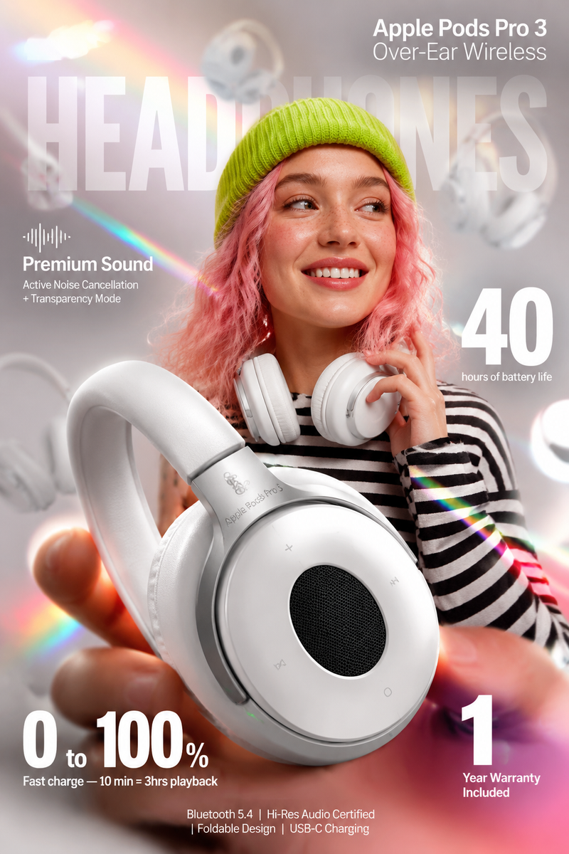 High-impact e-commerce infographic for "Apple Pods Pro 3" premium wireless over-