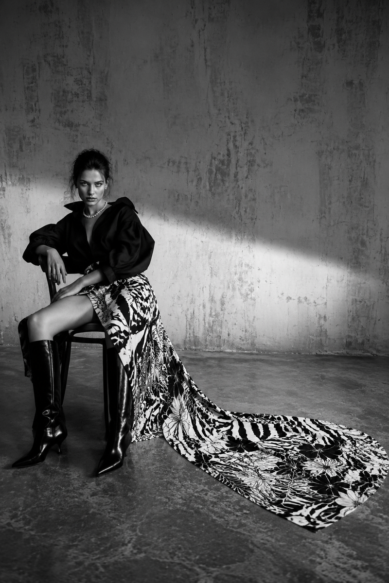 Create an ultra-realistic black-and-white high-fashion editorial photograph in a