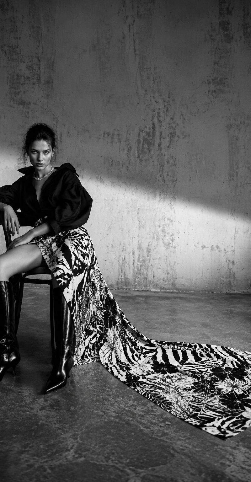Create an ultra-realistic black-and-white high-fashion editorial photograph in a