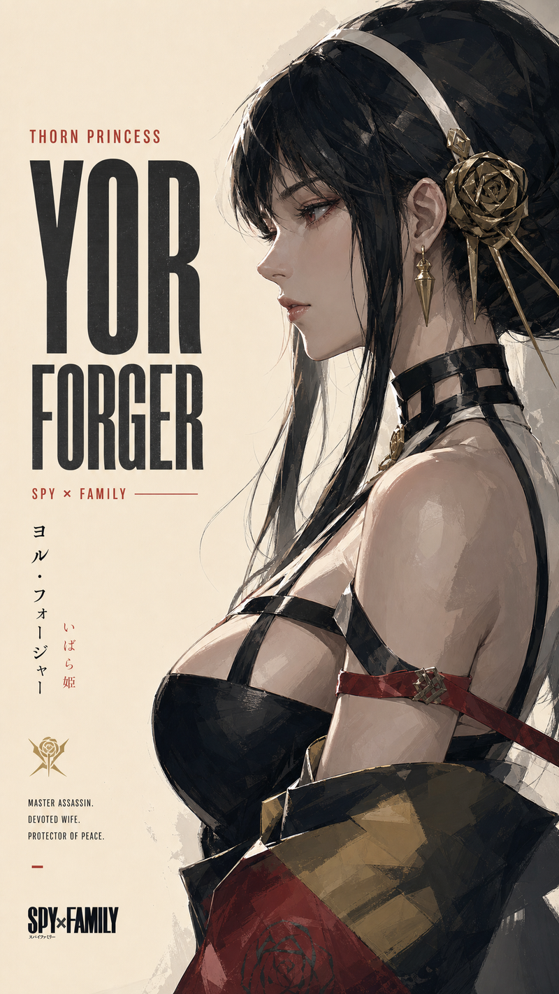 Yor from SpyxFamily, rendered in an Kubo tite-style thick paint illustration