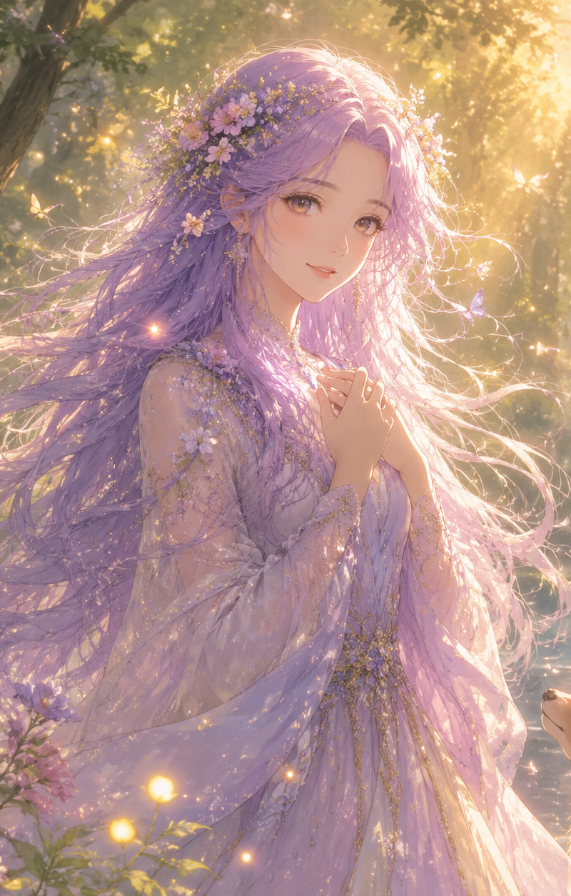 Elara the Whisperer, serene ethereal woman with long flowing lavender hair and f