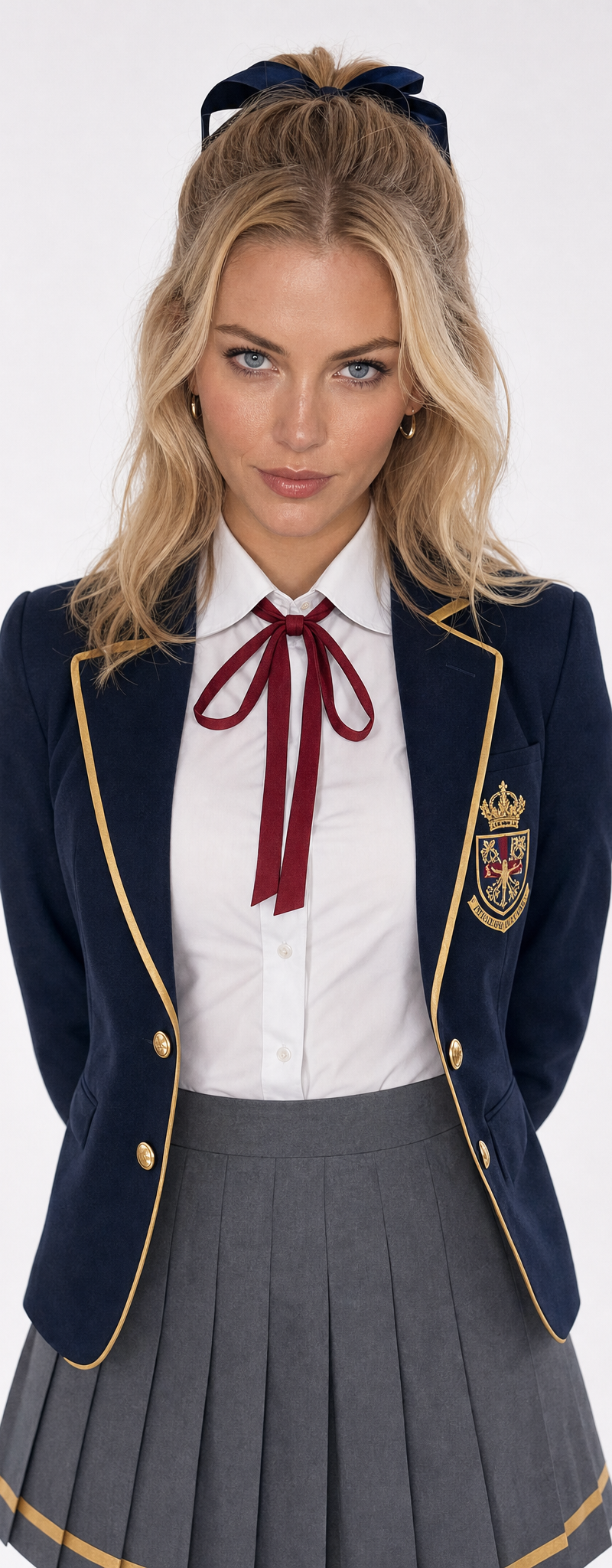 A EUROPE woman in her 20s posing in a polished school-inspired blazer outfit, ca