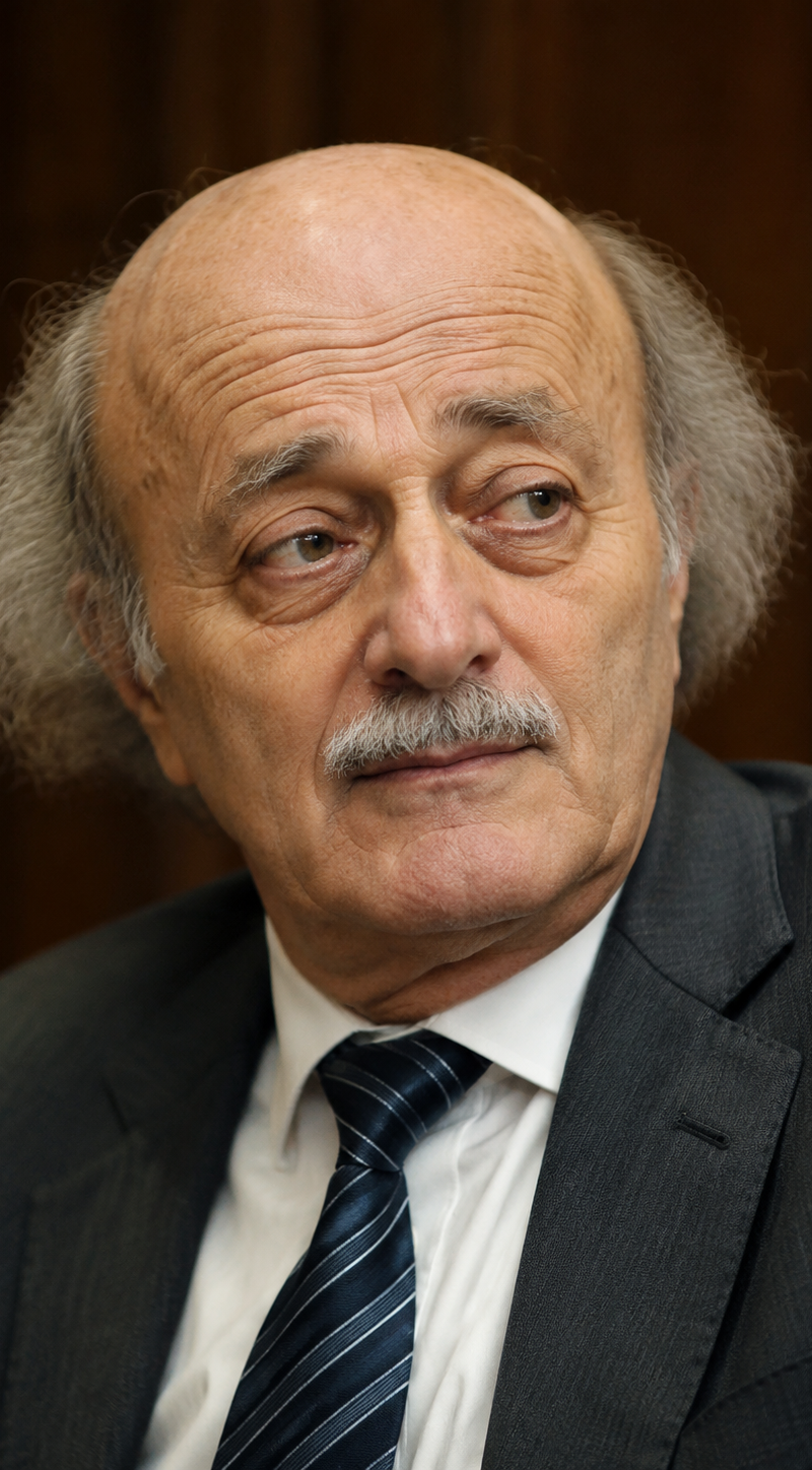 ​A photorealistic portrait of the Lebanese politician Walid Jumblatt, bald head 