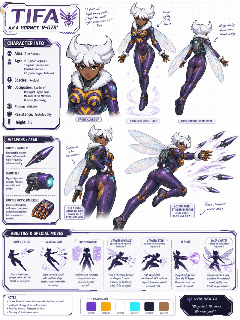 Create a wide, horizontal character reference sheet featuring Tifa (see referenc