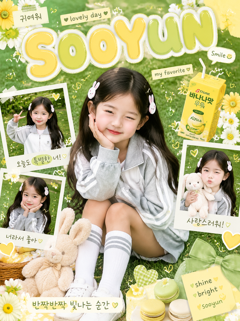 Kawaii scrapbook-style children photography poster, cute little girl with long b